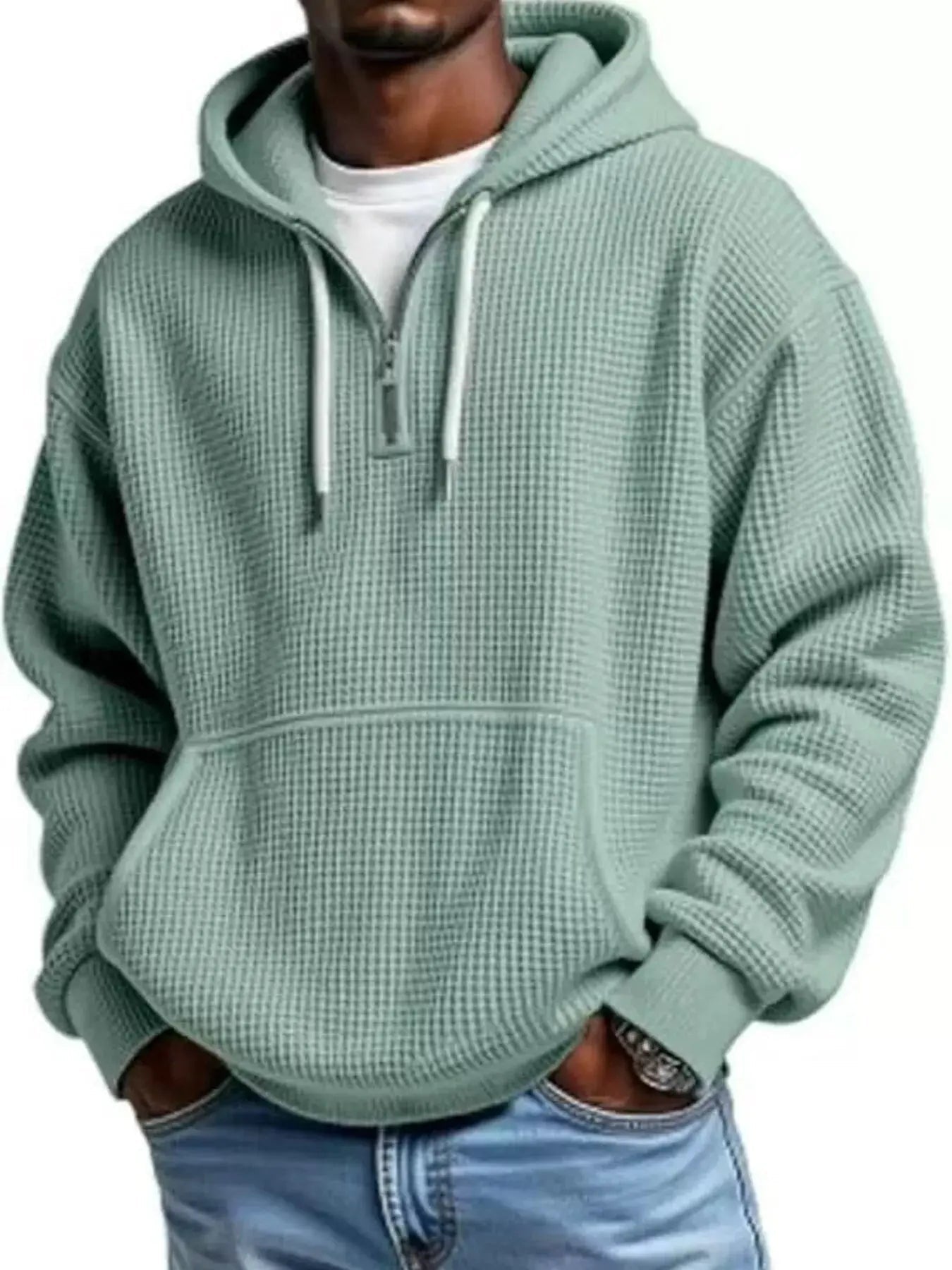 Men's Full Size Textured Waffle Knit Half - Zip Hoodie Plus Size - we buy