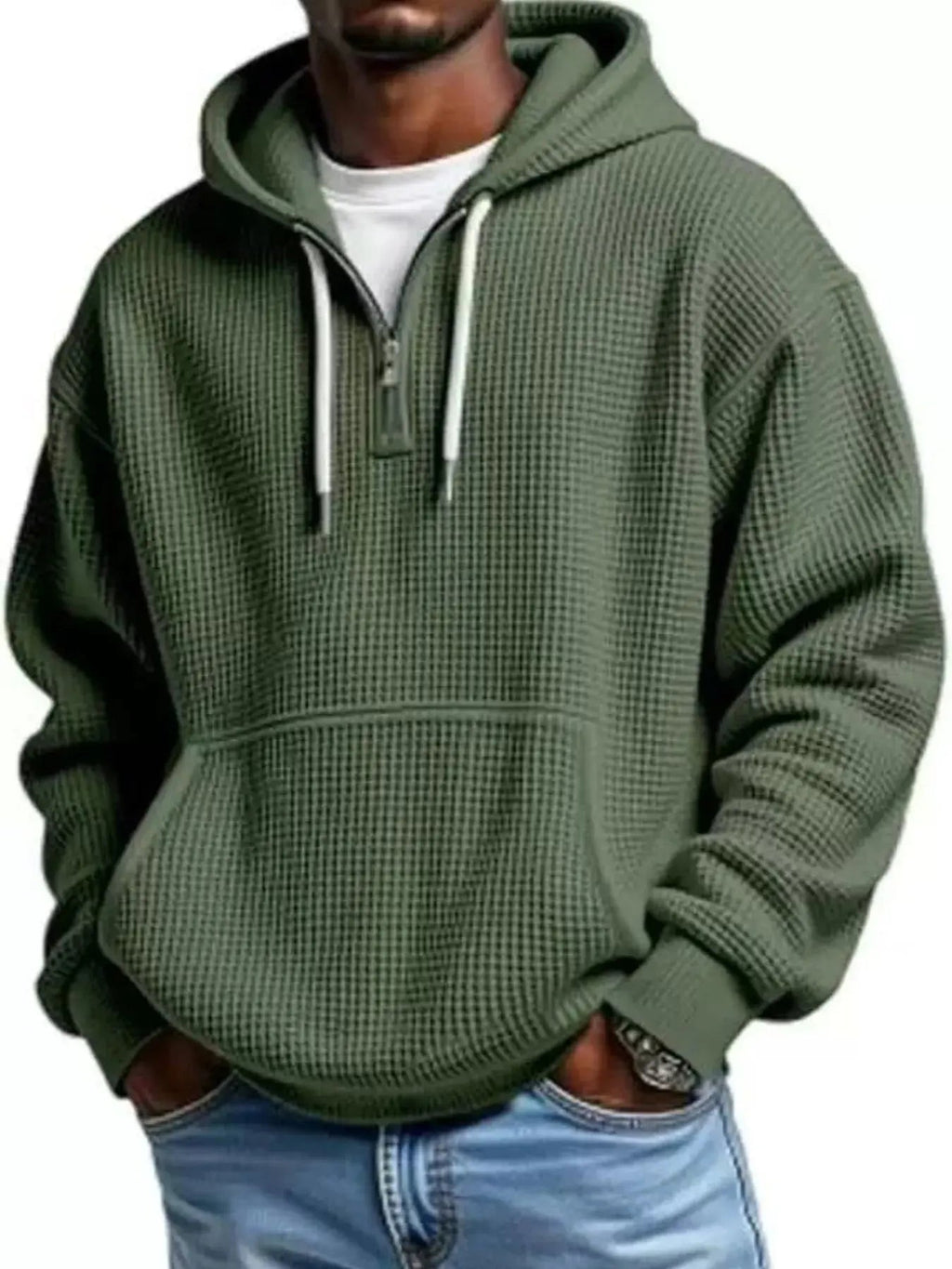 Men's Full Size Textured Waffle Knit Half - Zip Hoodie Plus Size - we buy