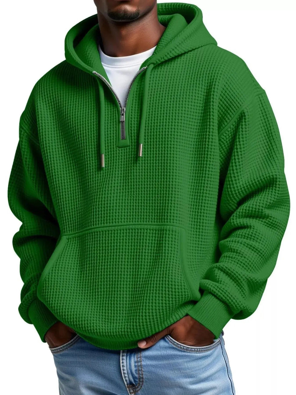 Men's Full Size Textured Waffle Knit Half - Zip Hoodie Plus Size - we buy
