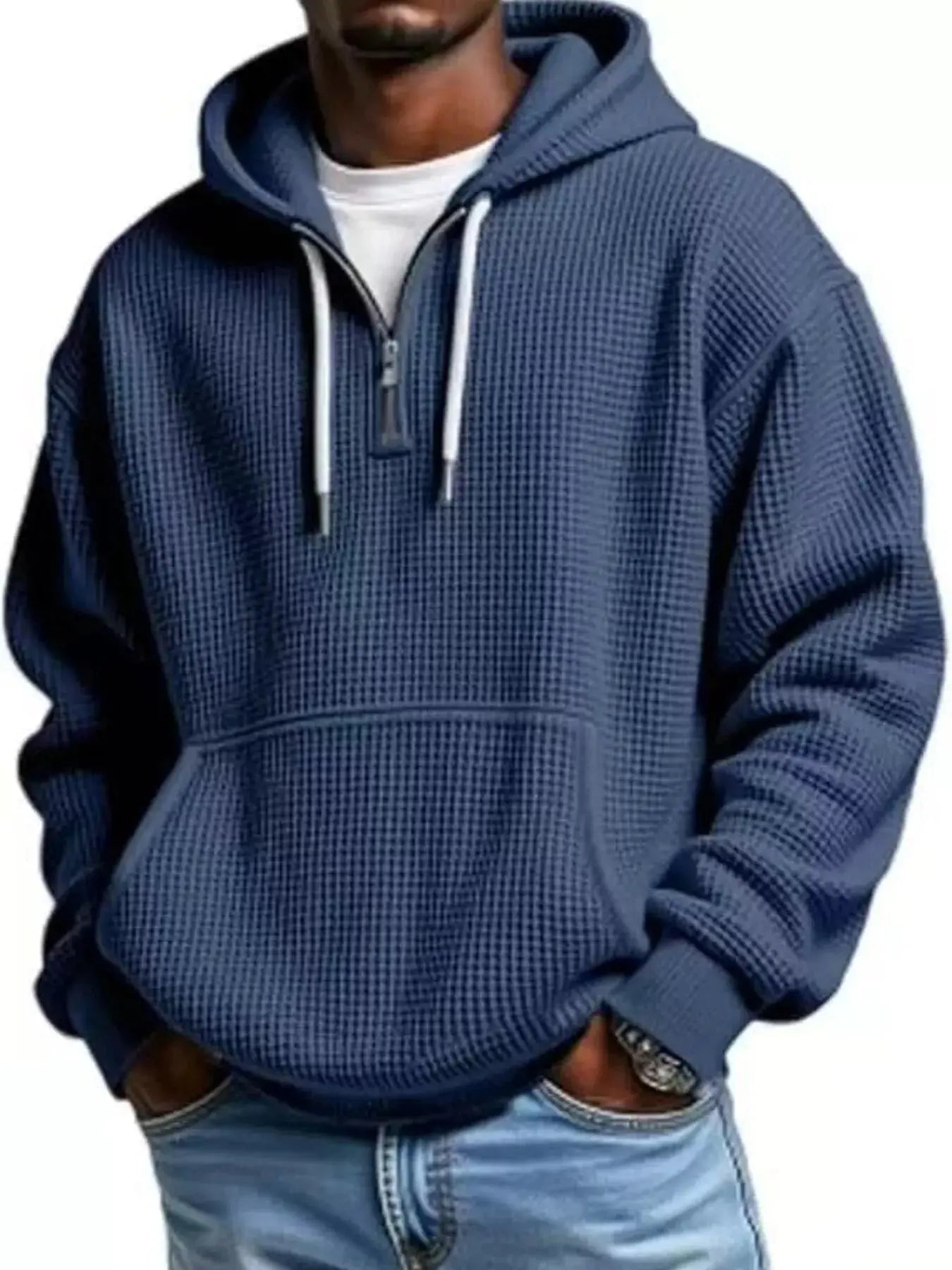 Men's Full Size Textured Waffle Knit Half - Zip Hoodie Plus Size - we buy