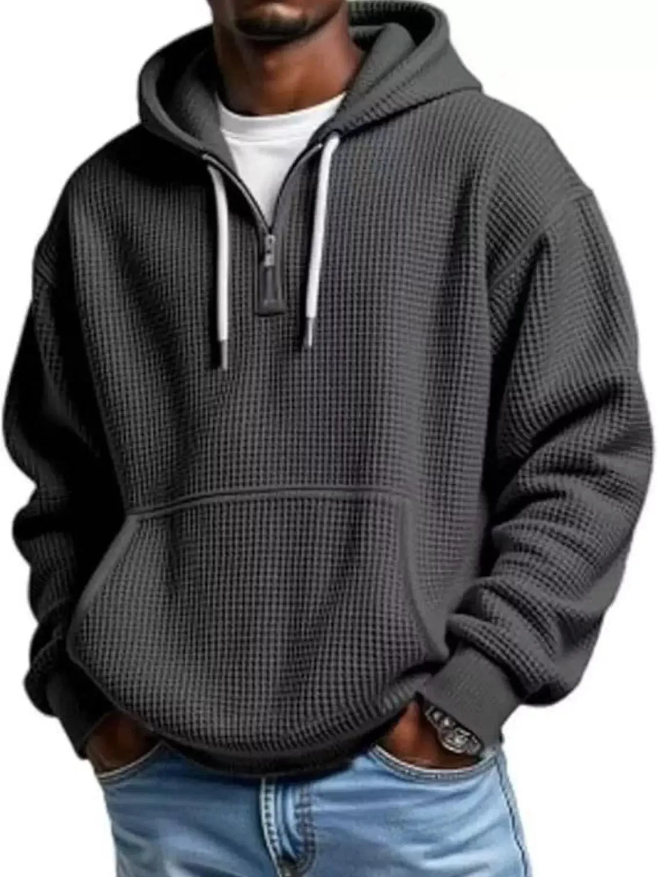 Men's Full Size Textured Waffle Knit Half - Zip Hoodie Plus Size - we buy