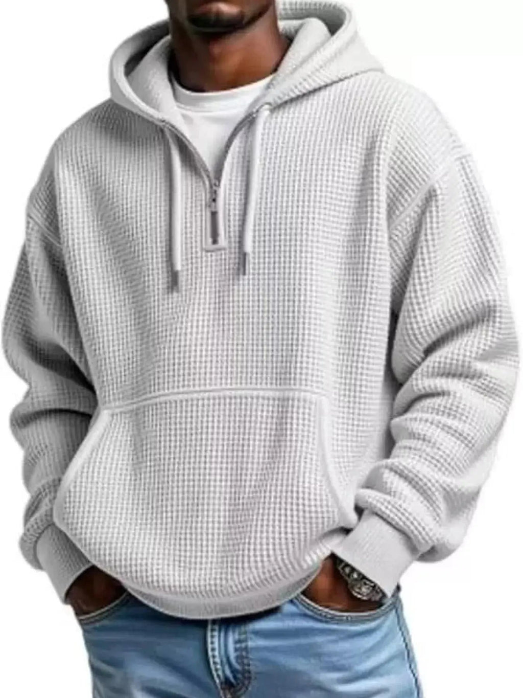 Men's Full Size Textured Waffle Knit Half - Zip Hoodie Plus Size - we buy