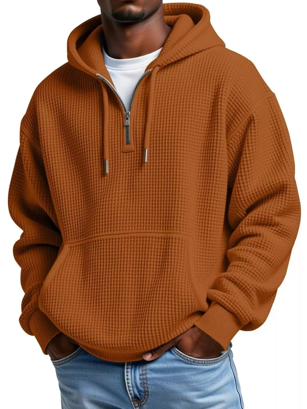 Men's Full Size Textured Waffle Knit Half - Zip Hoodie Plus Size - we buy
