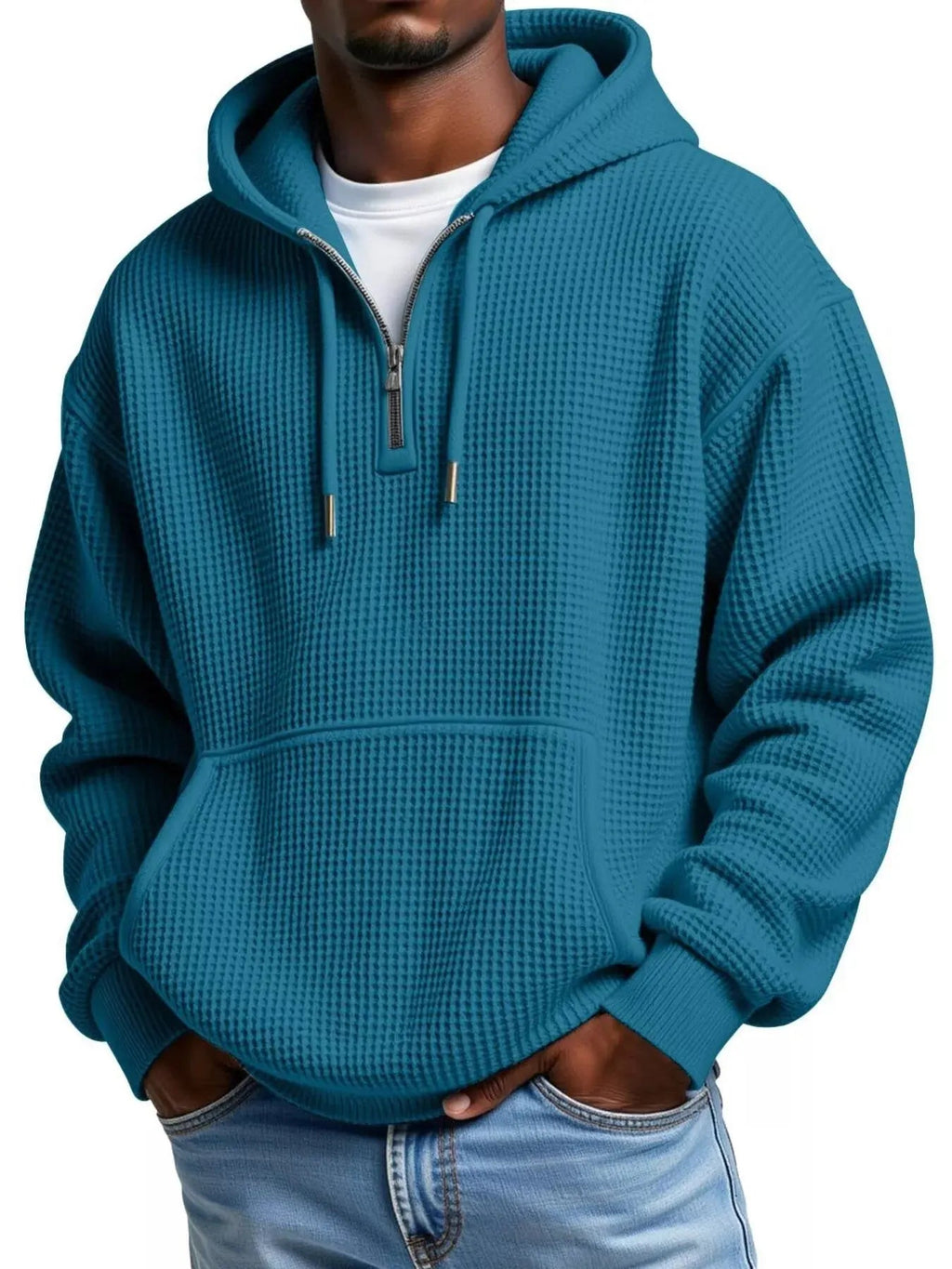 Men's Full Size Textured Waffle Knit Half - Zip Hoodie Plus Size - we buy