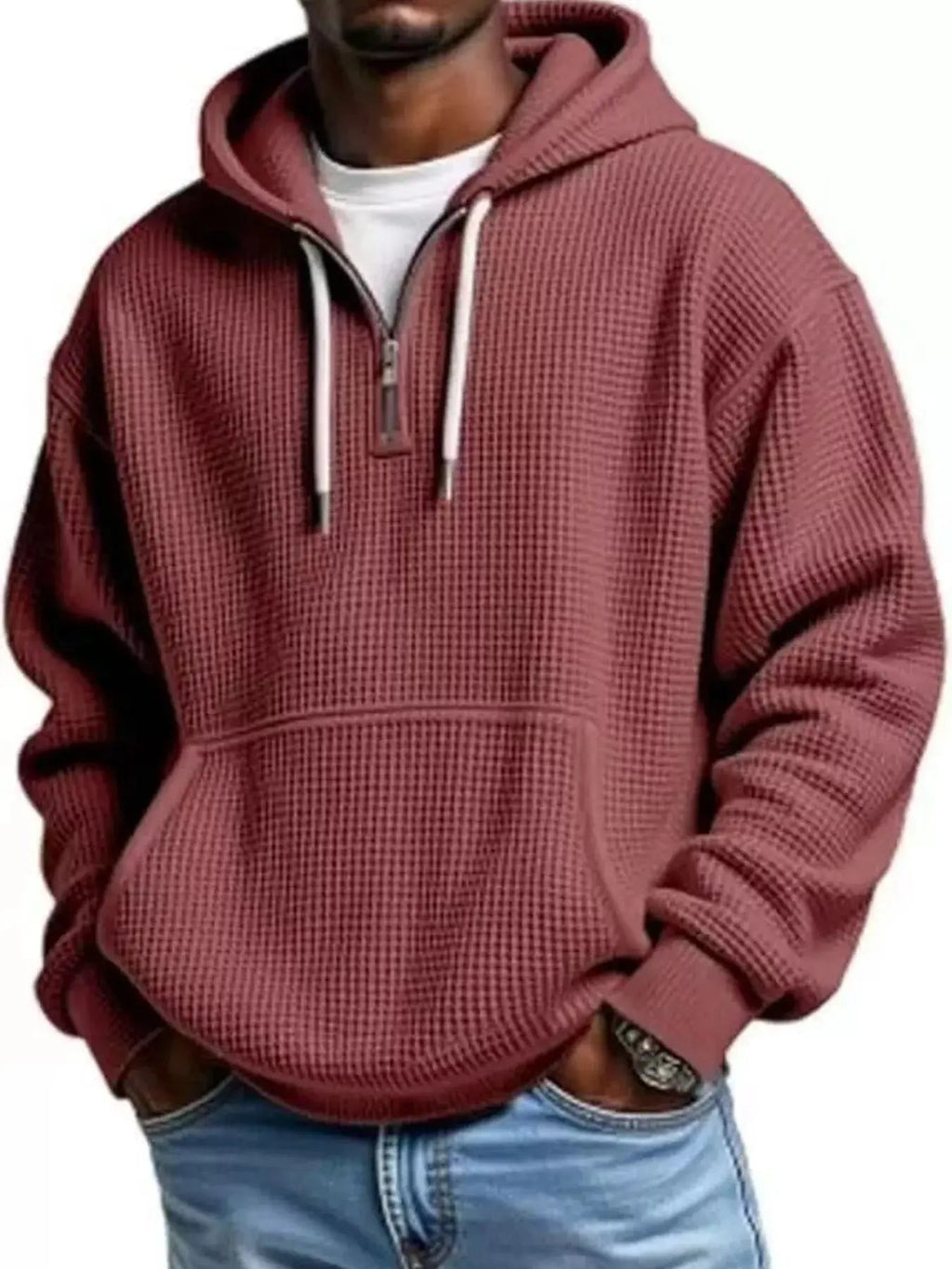 Men's Full Size Textured Waffle Knit Half - Zip Hoodie Plus Size - we buy