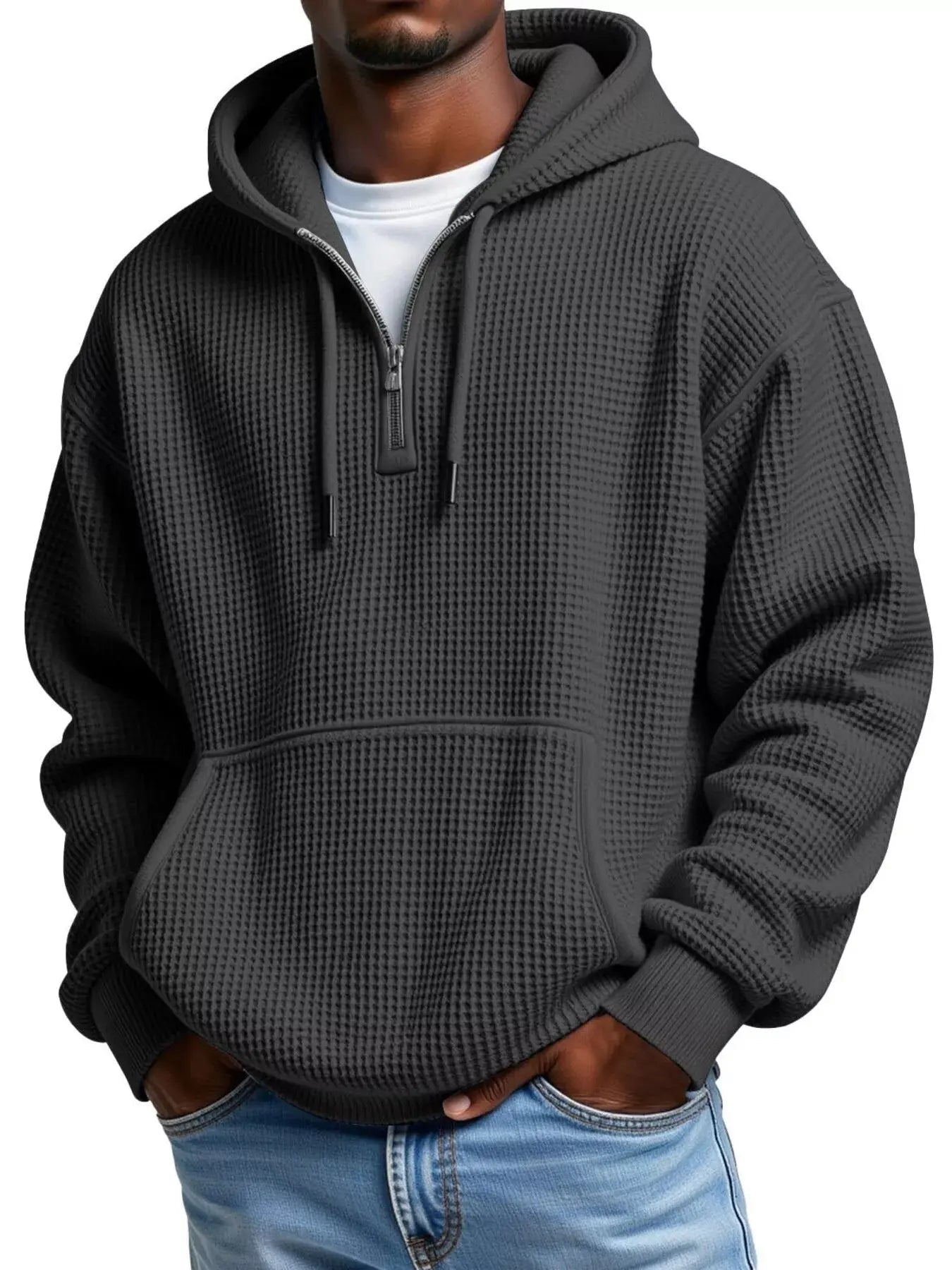 Men's Full Size Textured Waffle Knit Half - Zip Hoodie Plus Size - we buy