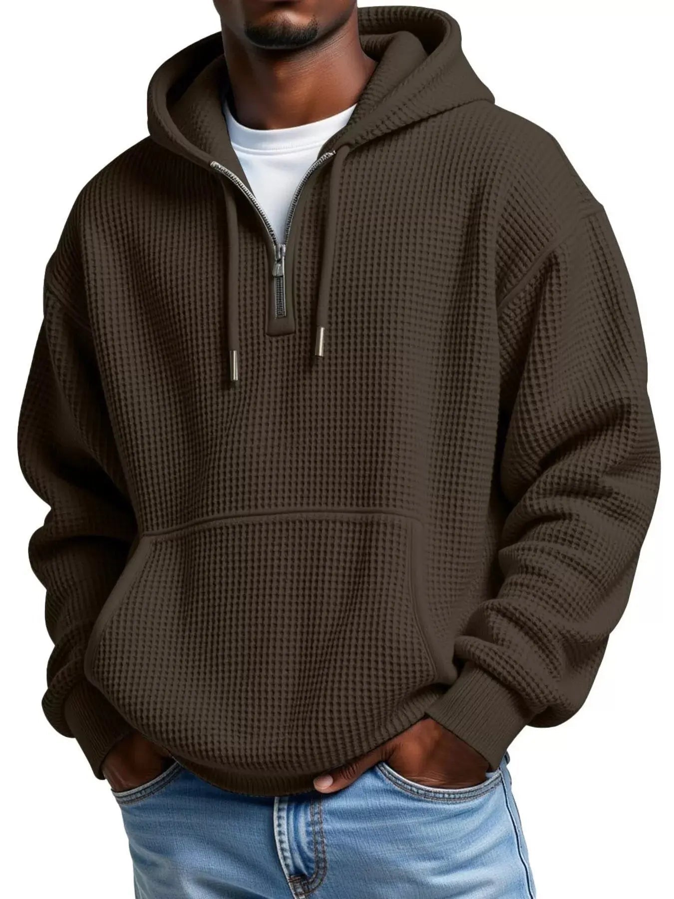 Men's Full Size Textured Waffle Knit Half - Zip Hoodie Plus Size - we buy
