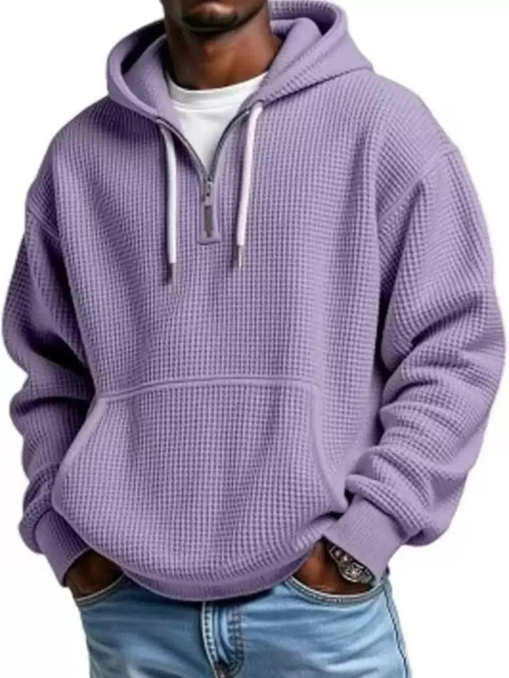Men's Full Size Textured Waffle Knit Half - Zip Hoodie Plus Size - we buy