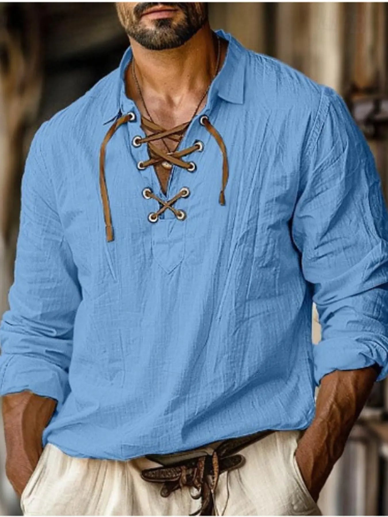 Men's Full Size Vintage Lace - Up Long Sleeve Blouse Plus Size - we buy