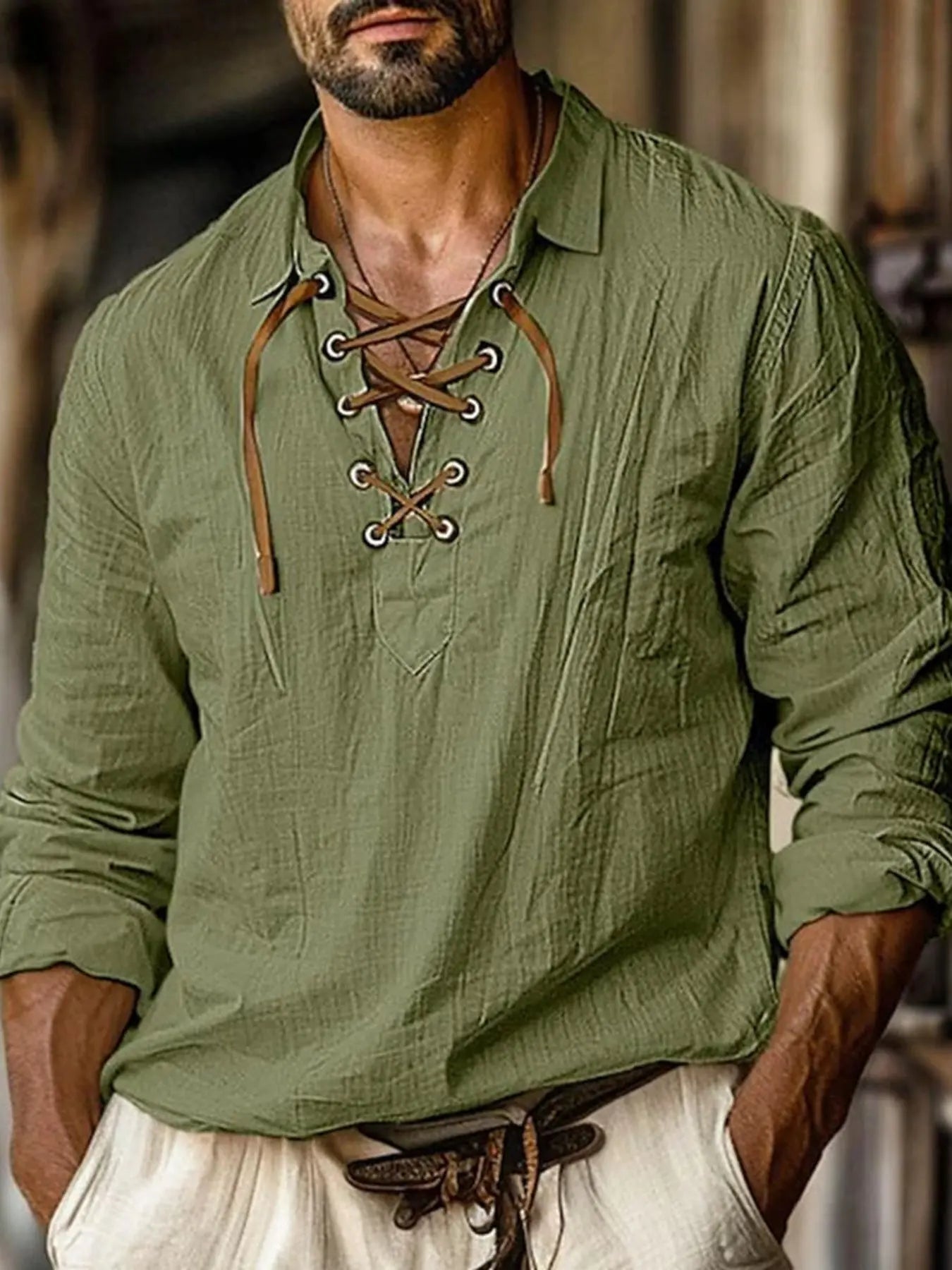 Men's Full Size Vintage Lace - Up Long Sleeve Blouse Plus Size - we buy