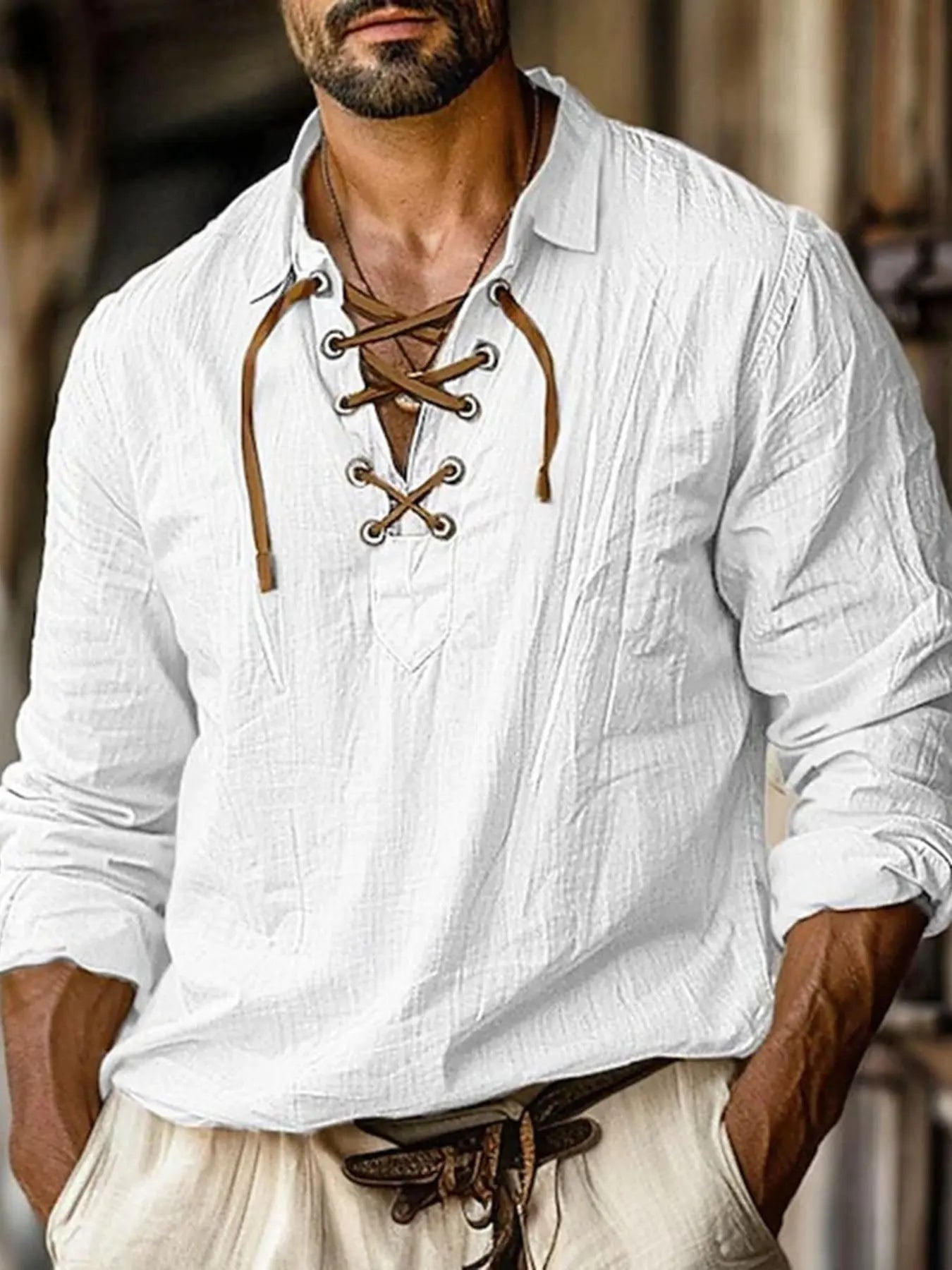 Men's Full Size Vintage Lace - Up Long Sleeve Blouse Plus Size - we buy