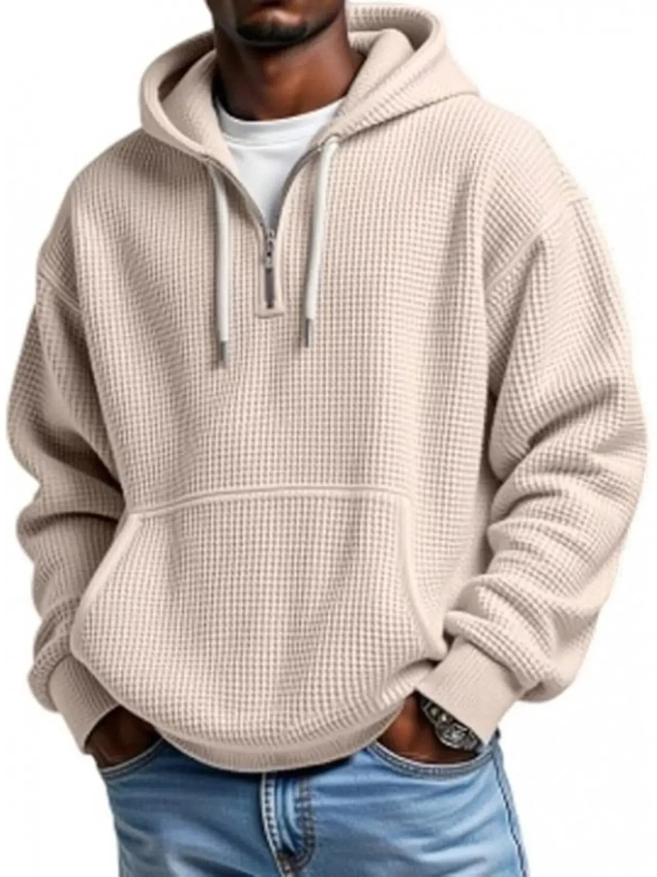 Men's Full Size Waffle Knit Quarter Zip Hoodie Plus Size - we buy