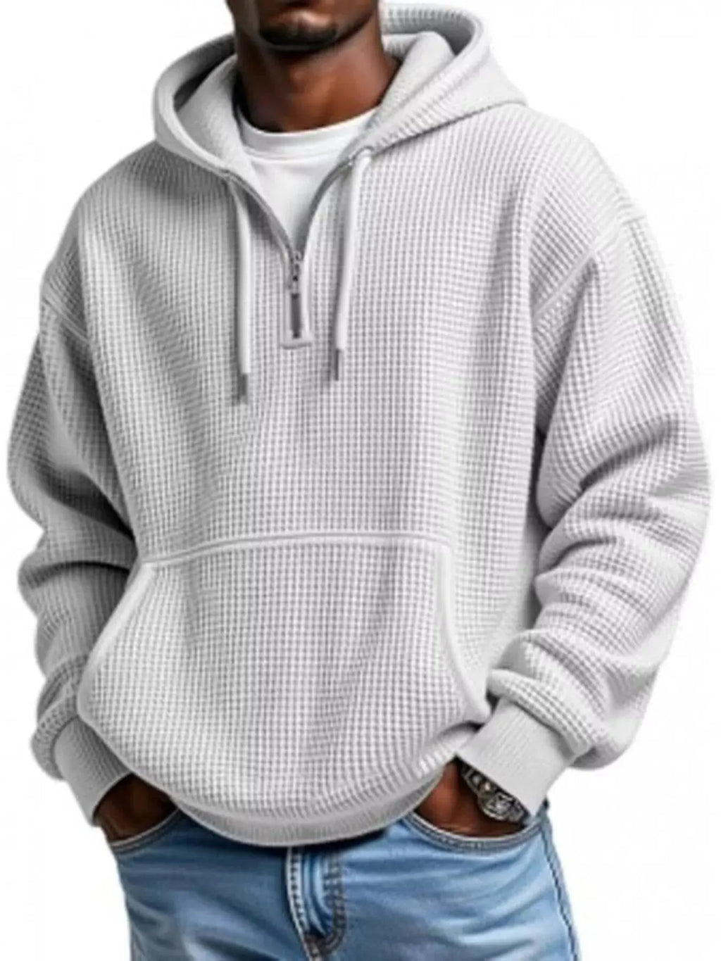 Men's Full Size Waffle Knit Quarter Zip Hoodie Plus Size - we buy