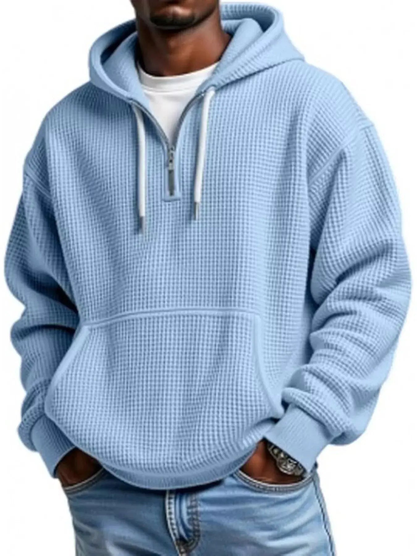 Men's Full Size Waffle Knit Quarter Zip Hoodie Plus Size - we buy