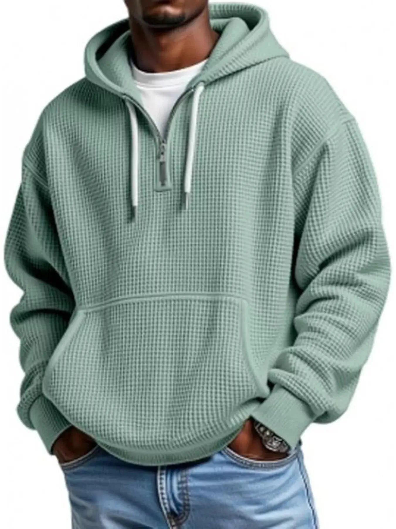 Men's Full Size Waffle Knit Quarter Zip Hoodie Plus Size - we buy
