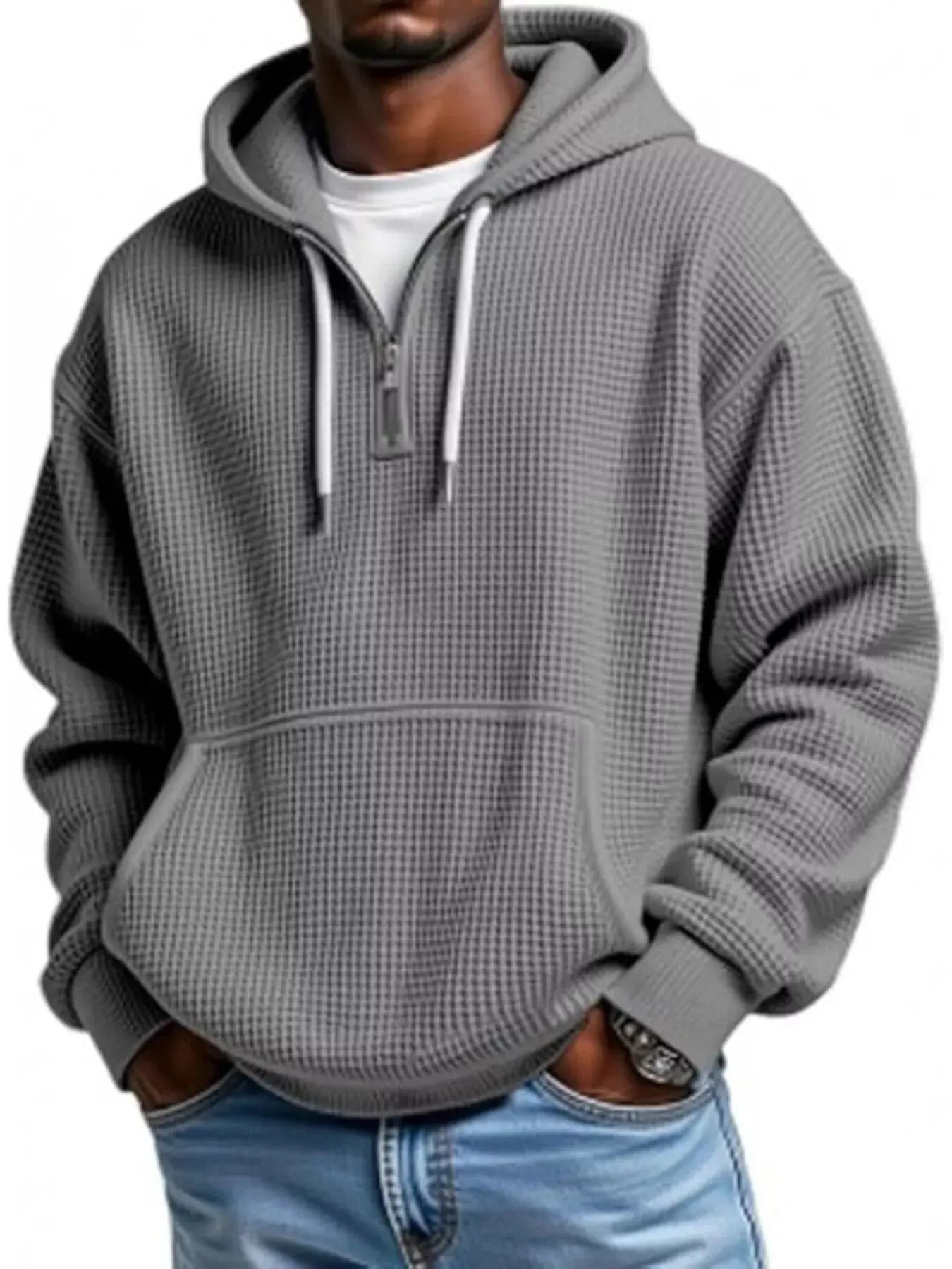 Men's Full Size Waffle Knit Quarter Zip Hoodie Plus Size - we buy