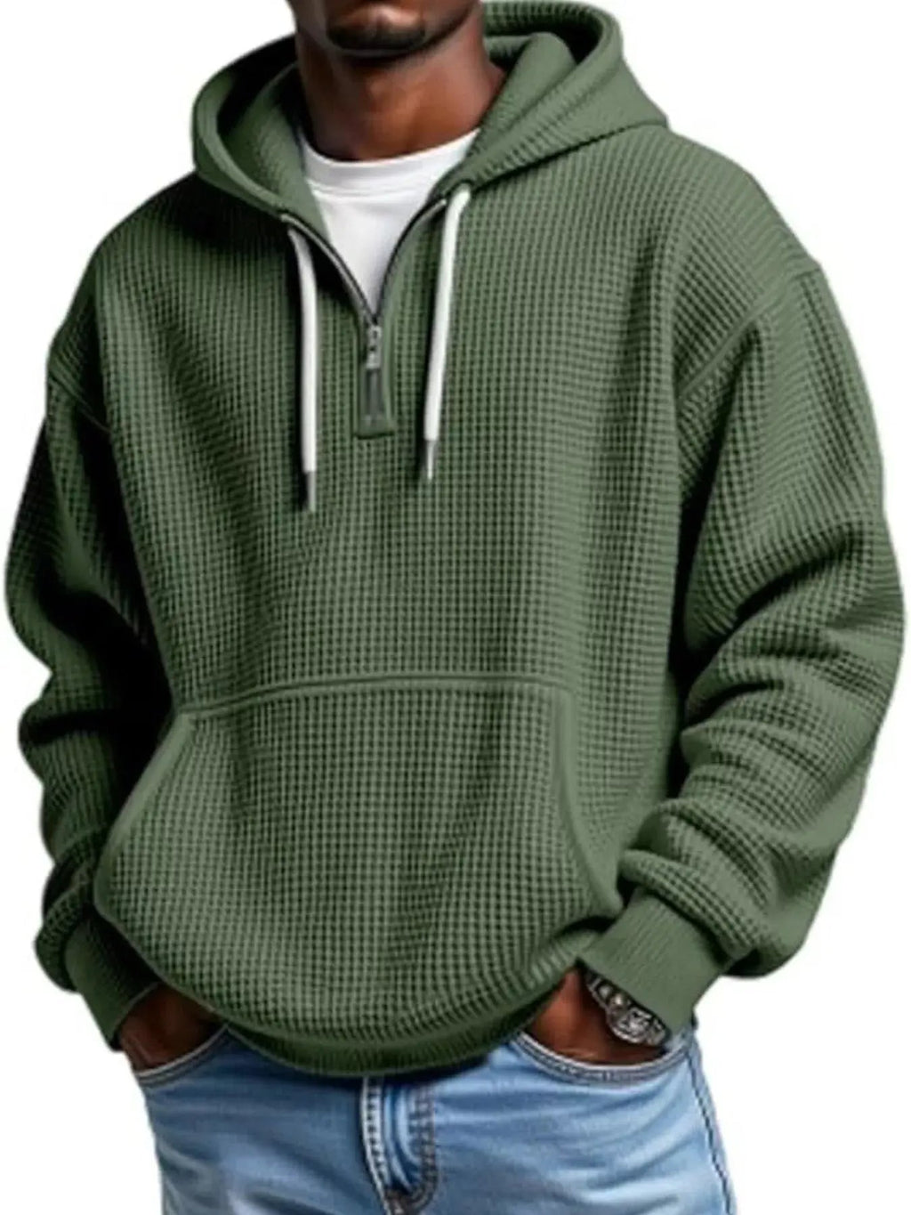 Men's Full Size Waffle Knit Quarter Zip Hoodie Plus Size - we buy