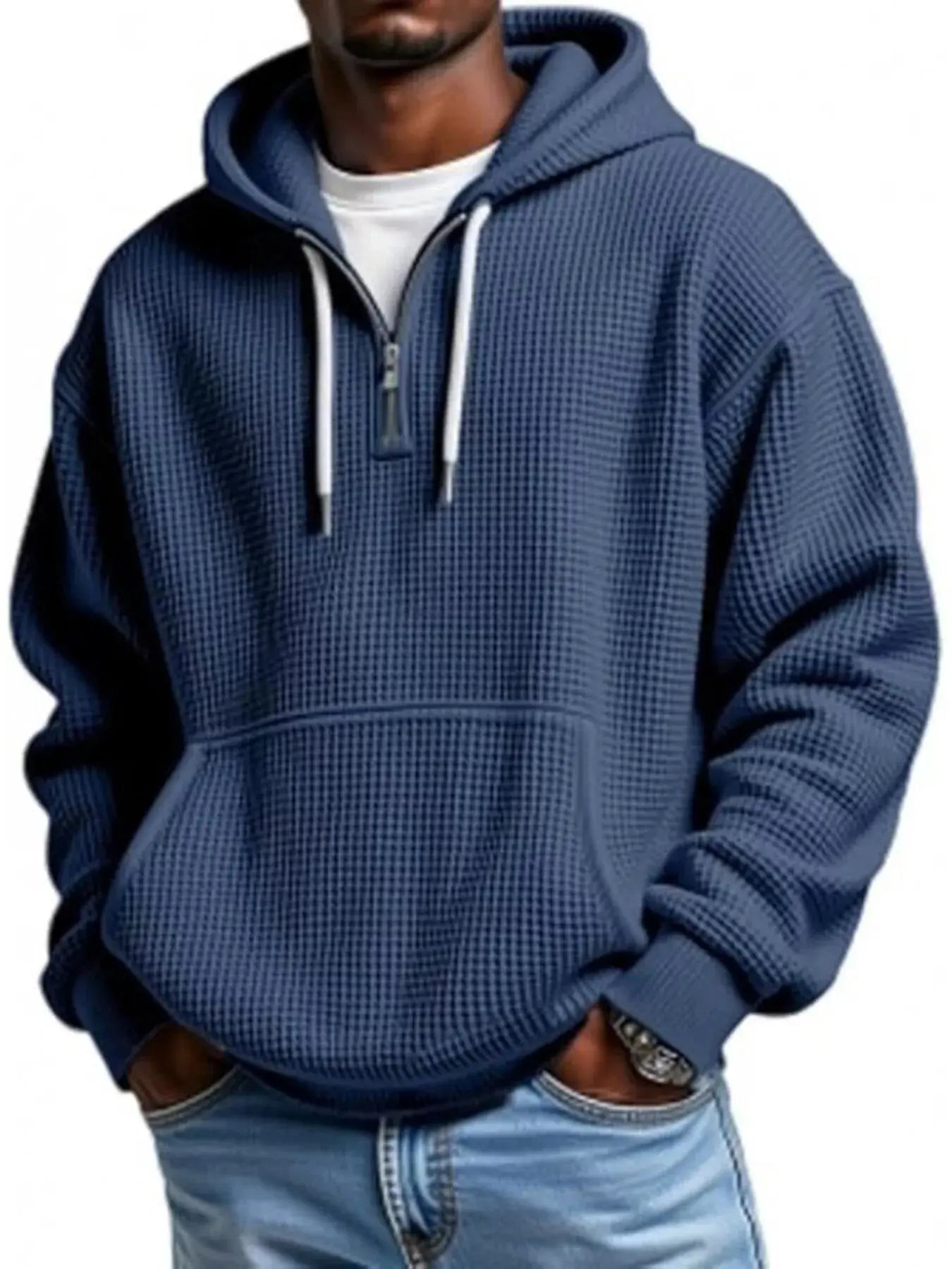 Men's Full Size Waffle Knit Quarter Zip Hoodie Plus Size - we buy
