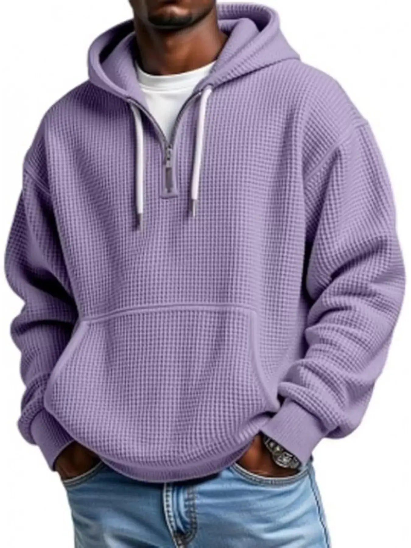 Men's Full Size Waffle Knit Quarter Zip Hoodie Plus Size - we buy