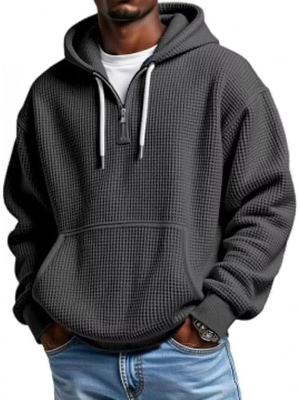 Men's Full Size Waffle Knit Quarter Zip Hoodie Plus Size - we buy