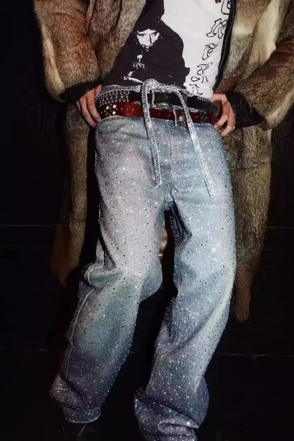 Men's Washed Rhinestone Jeans with Rhinestone Belt - we buy