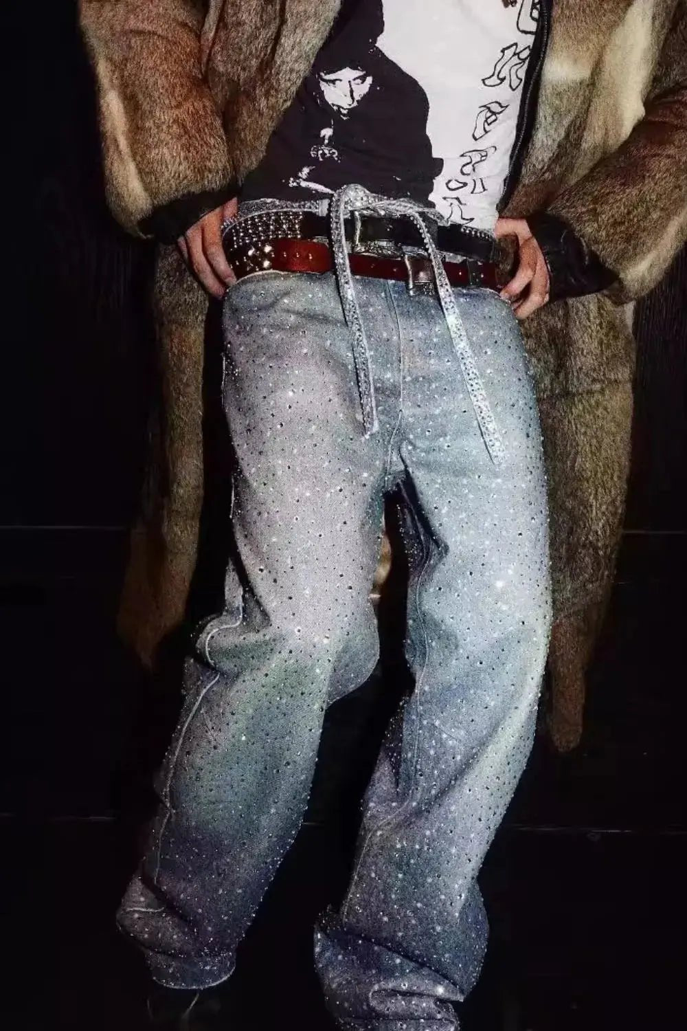 Men's Washed Rhinestone Jeans with Rhinestone Belt - we buy