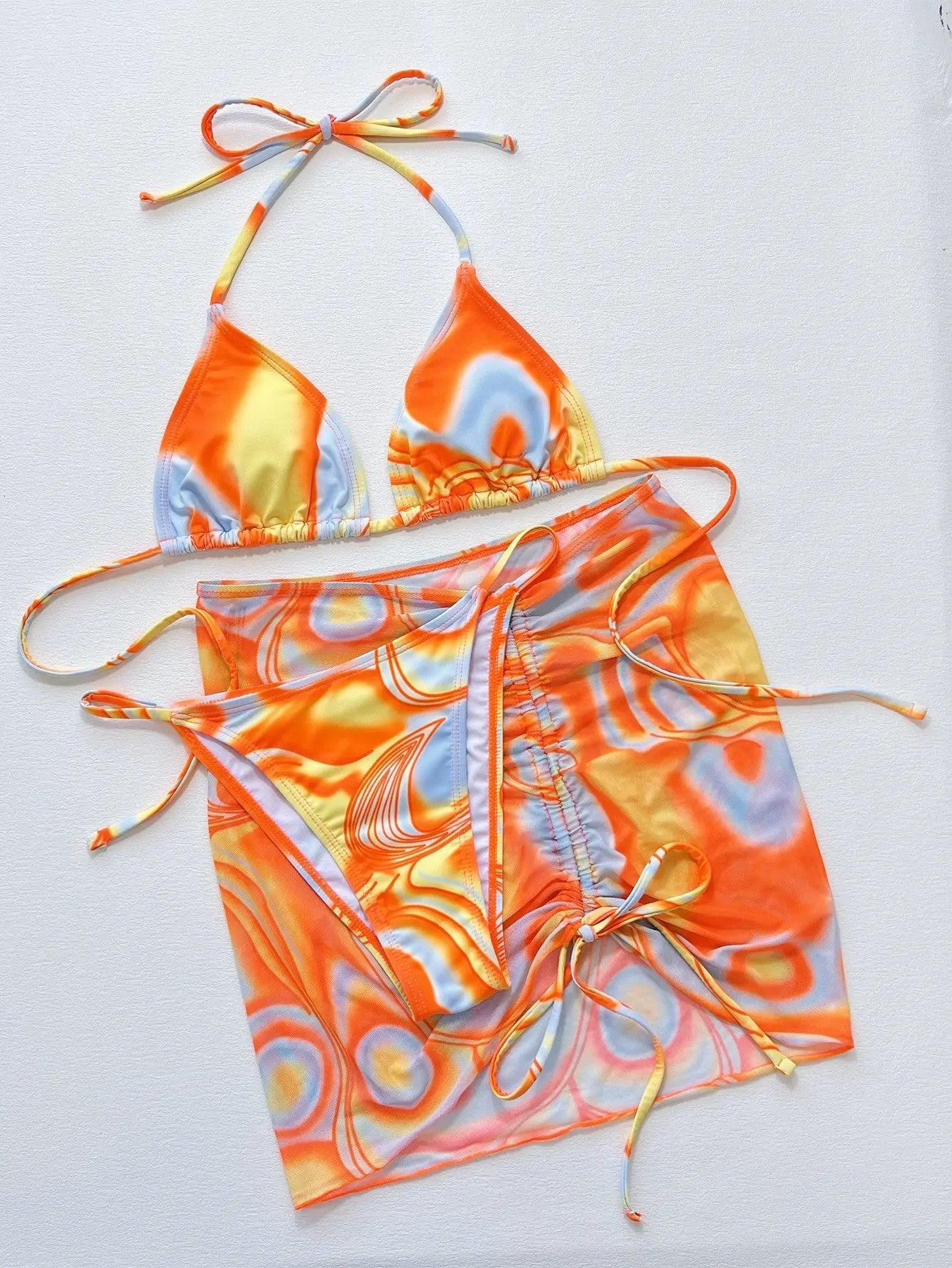 Multicolored Drawstring Ruched Three - Piece Swim Set - we buy
