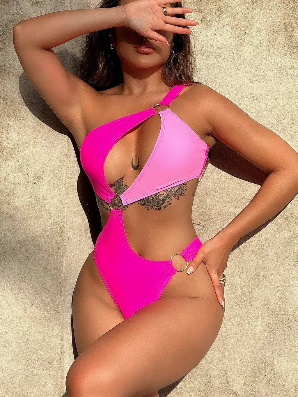 One - Shoulder Cutout Ring Detail One - Piece Swimsuit - we buy