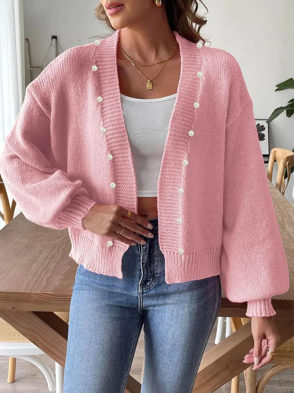 Pearl Open Front Long Sleeve Cardigan - we buy