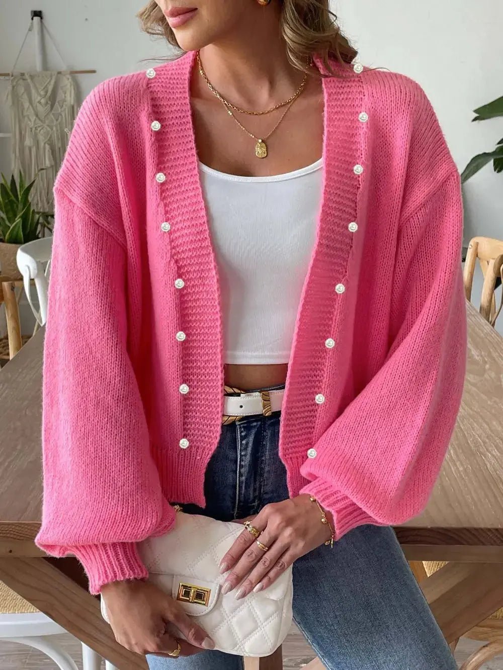 Pearl Open Front Long Sleeve Cardigan - we buy