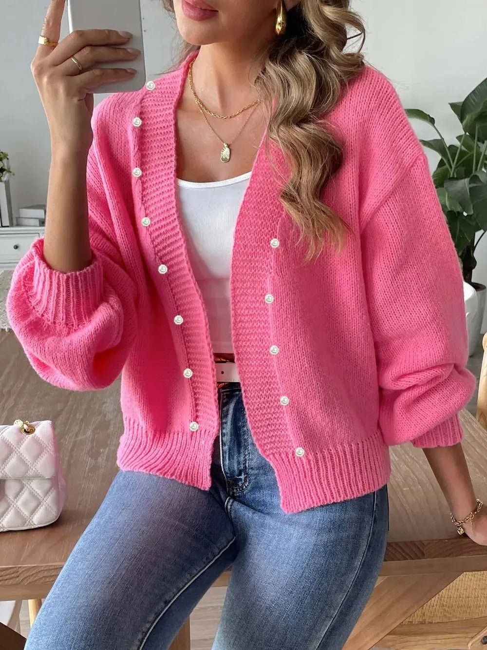 Pearl Open Front Long Sleeve Cardigan - we buy