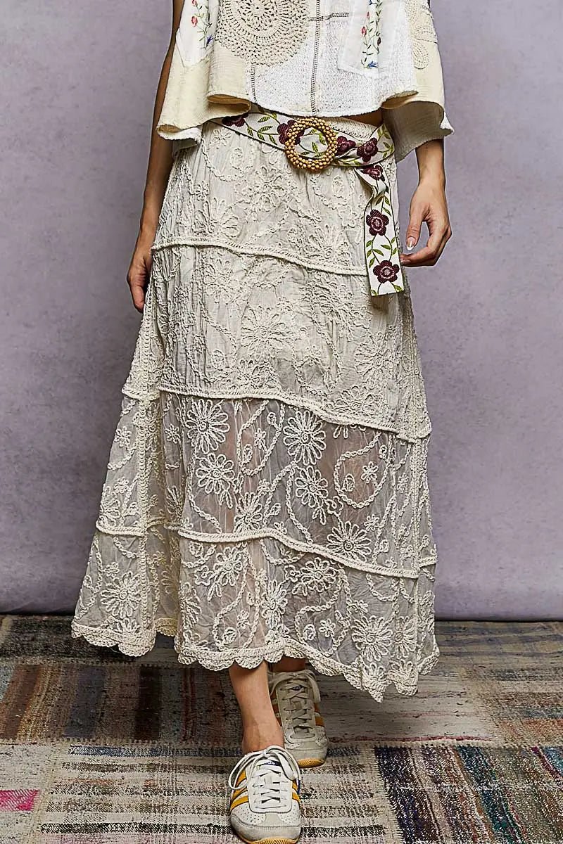POL Floral Embroidered Tiered Crochet Skirt - we buy