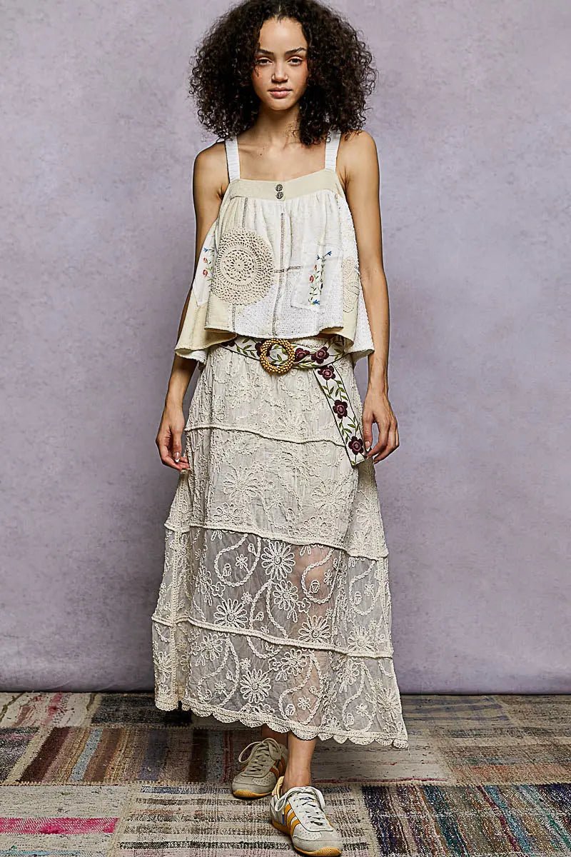 POL Floral Embroidered Tiered Crochet Skirt - we buy