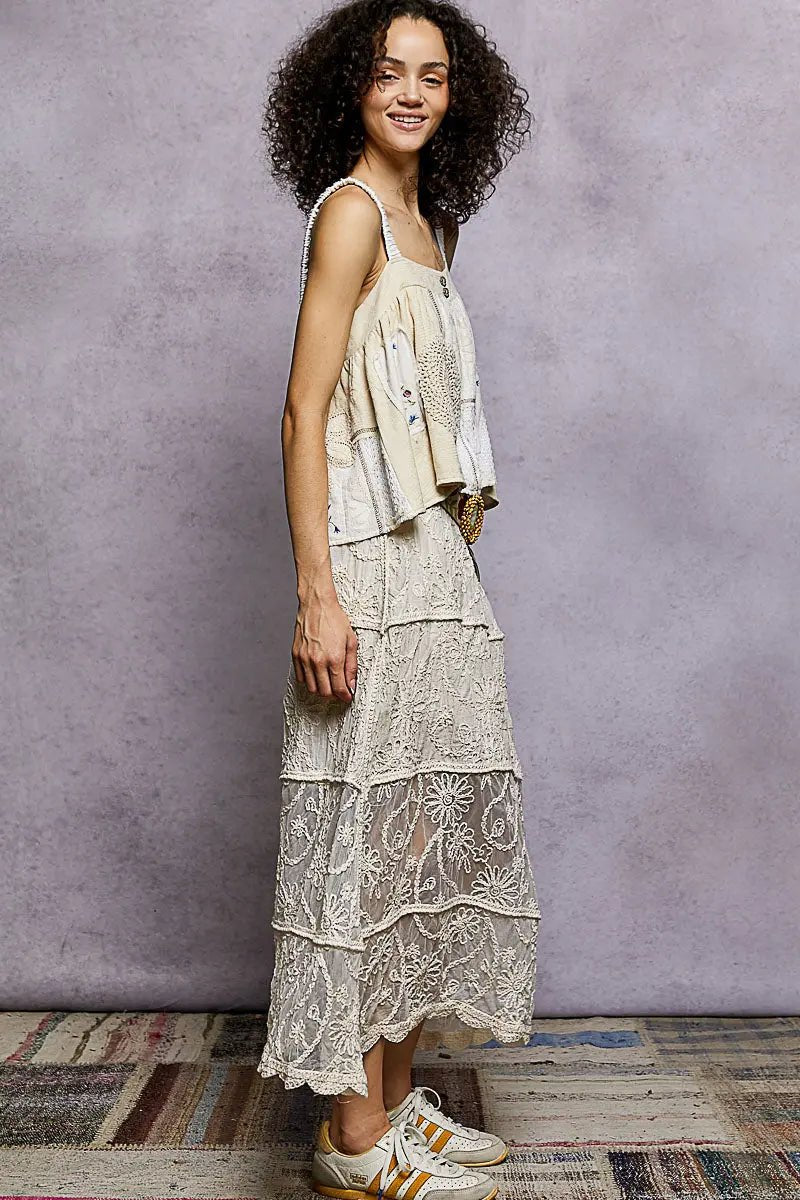 POL Floral Embroidered Tiered Crochet Skirt - we buy