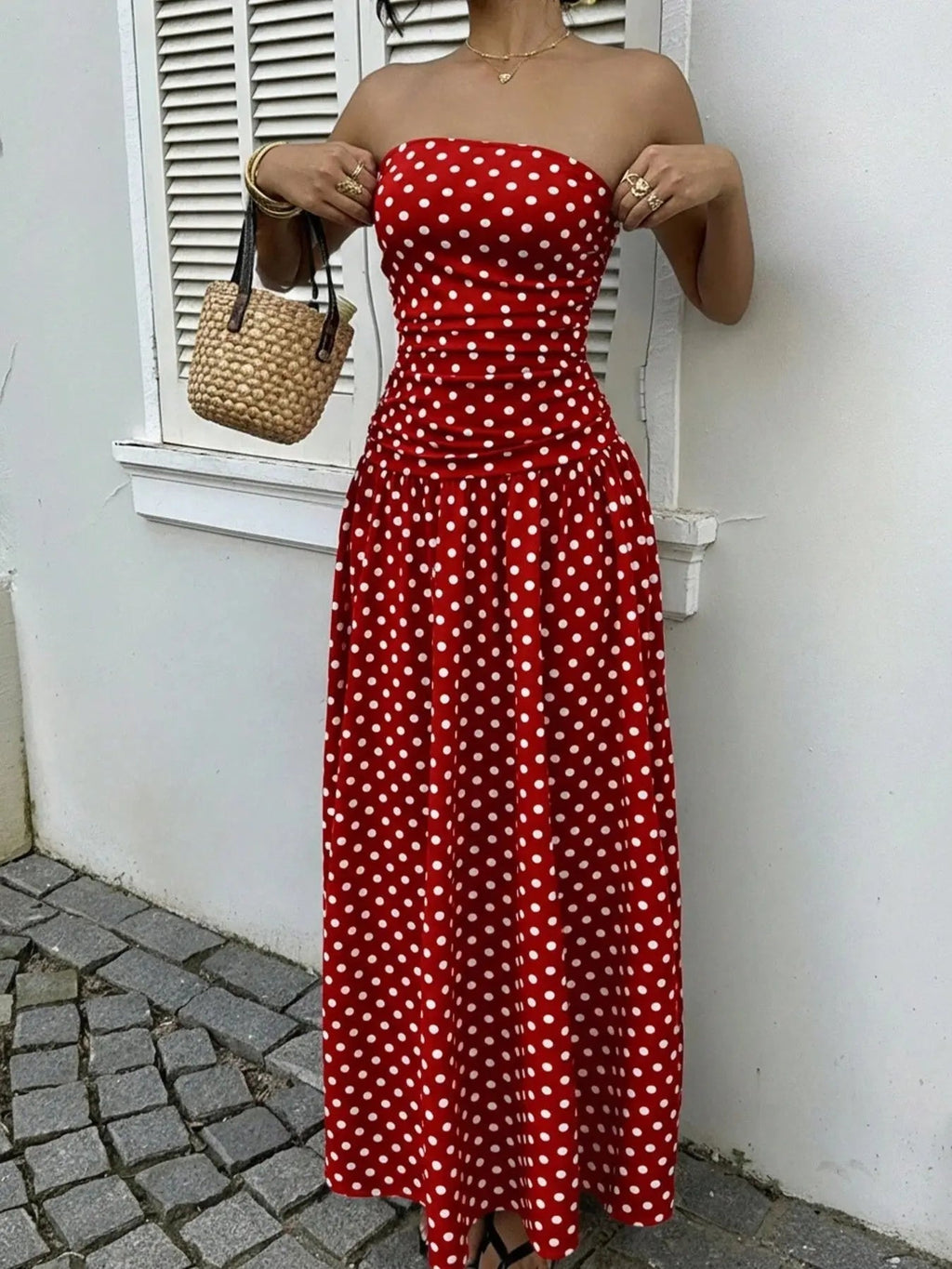 Polka Dot Strapless Maxi Dress - we buy