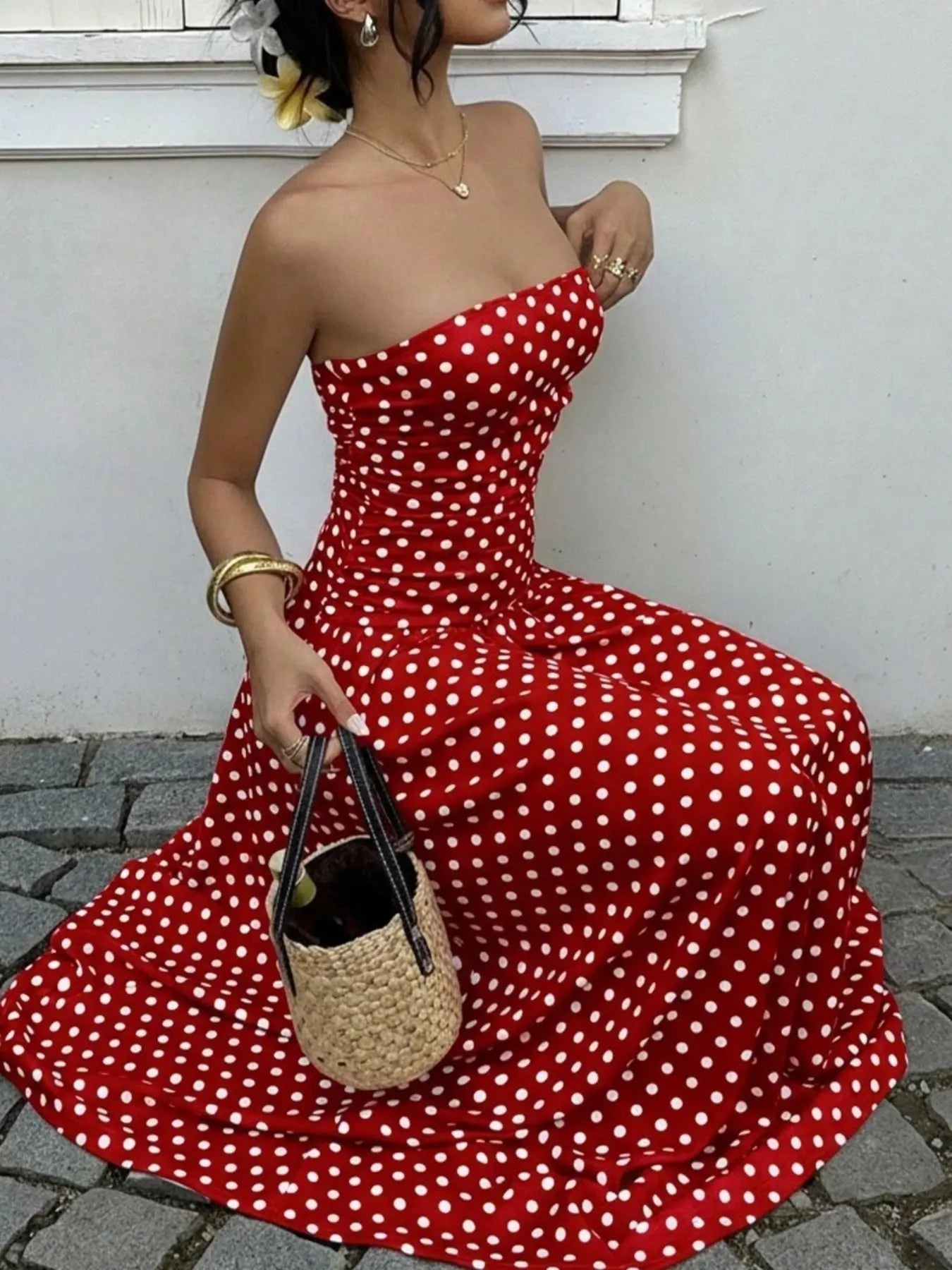 Polka Dot Strapless Maxi Dress - we buy