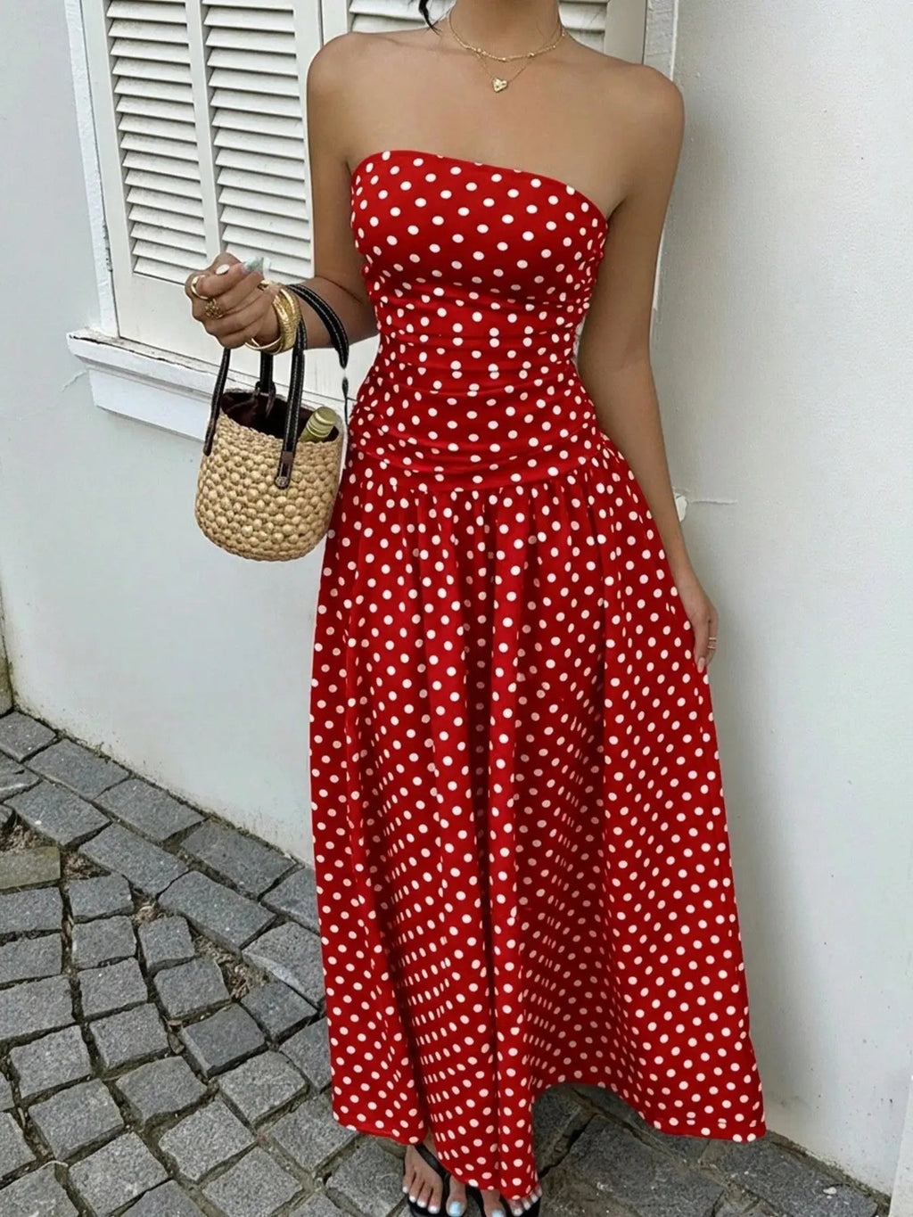 Polka Dot Strapless Maxi Dress - we buy