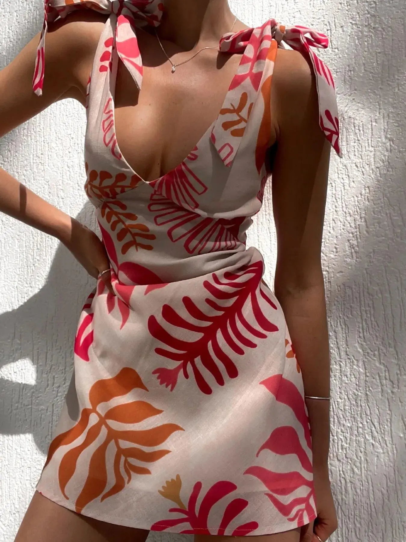 Printed Tie - Shoulder Mini Dress - we buy