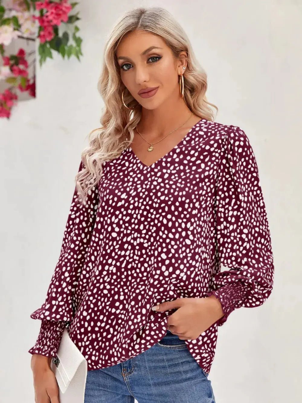 Printed V - Neck Lantern Sleeve Blouse - we buy