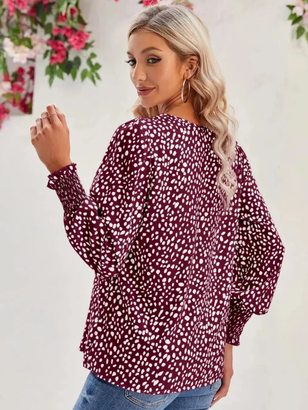 Printed V - Neck Lantern Sleeve Blouse - we buy