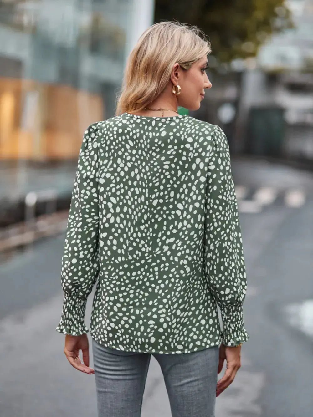Printed V - Neck Lantern Sleeve Blouse - we buy
