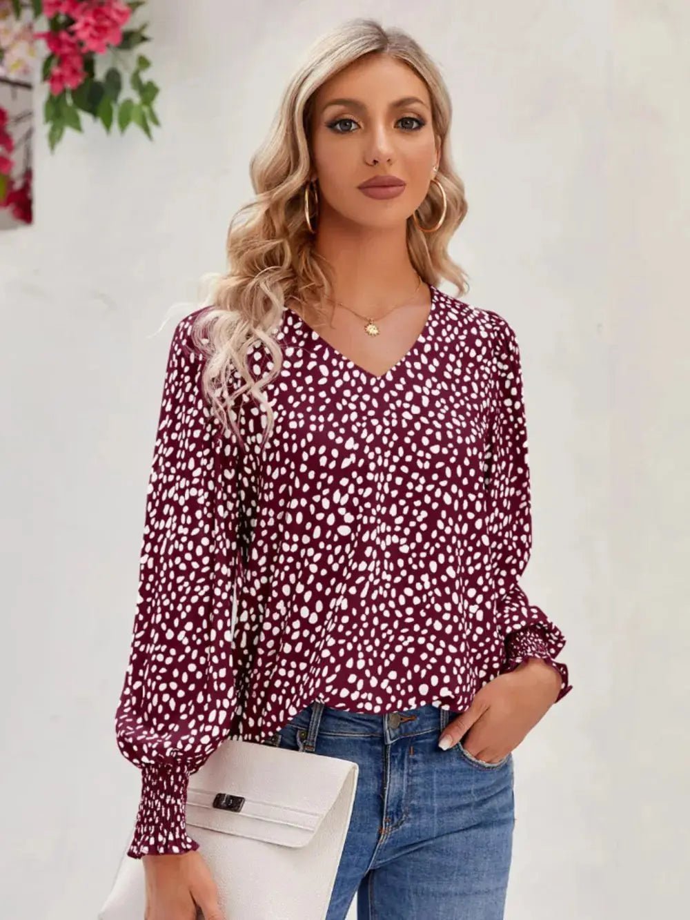 Printed V - Neck Lantern Sleeve Blouse - we buy