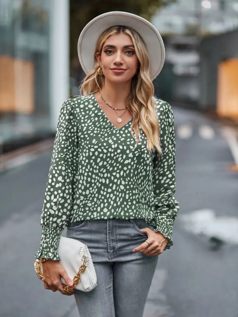 Printed V - Neck Lantern Sleeve Blouse - we buy